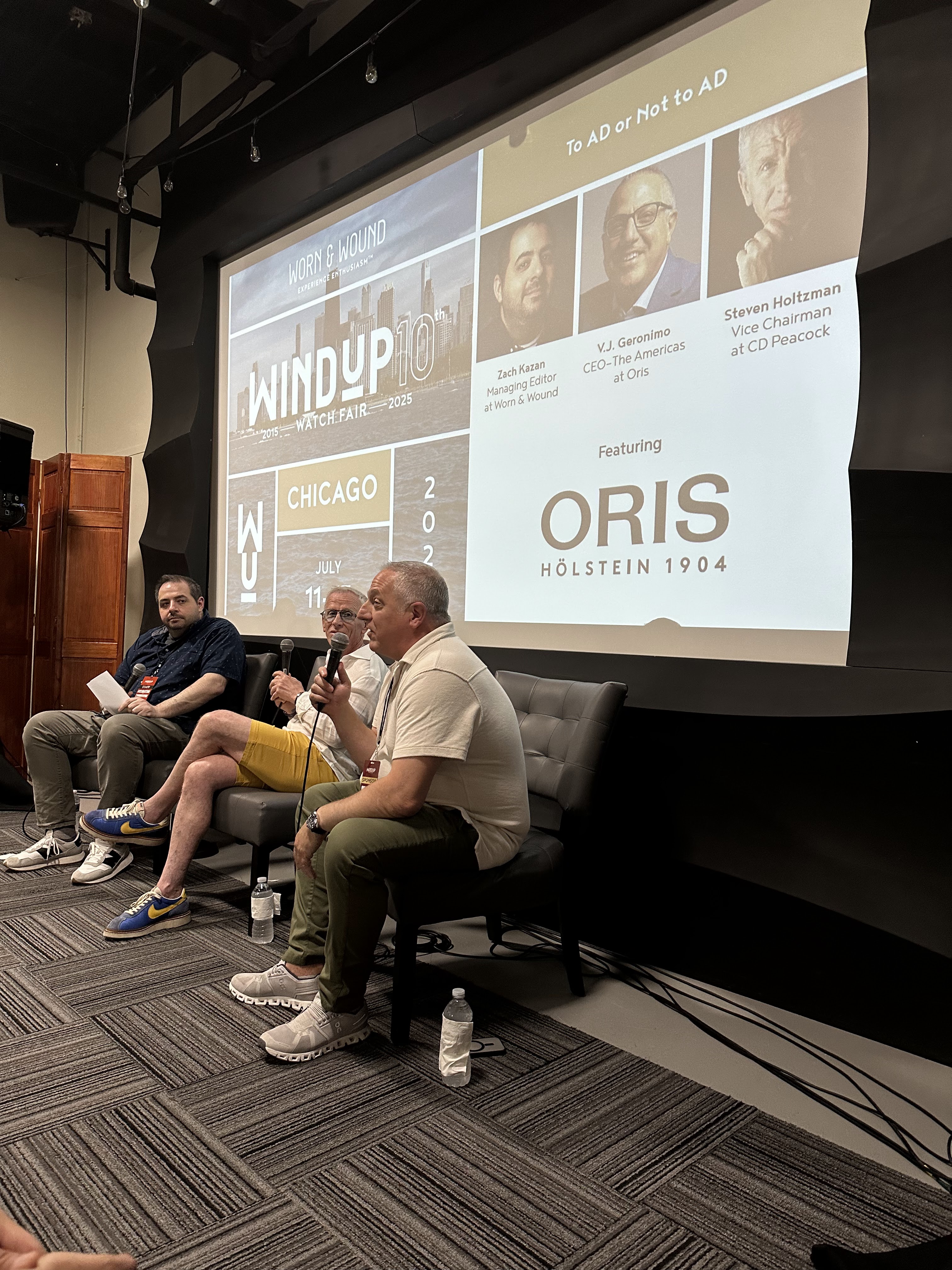 Panel discussion during the Windup Watch Fair 2025 in Chicago featuring industry experts discussing the topic 'To AD or Not to AD'.